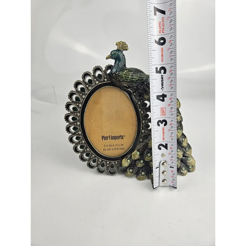 Pier1 Imports Peacock Figural Enamel Rhinestone Photo Frame Oval 2.5x3.5 Jeweled